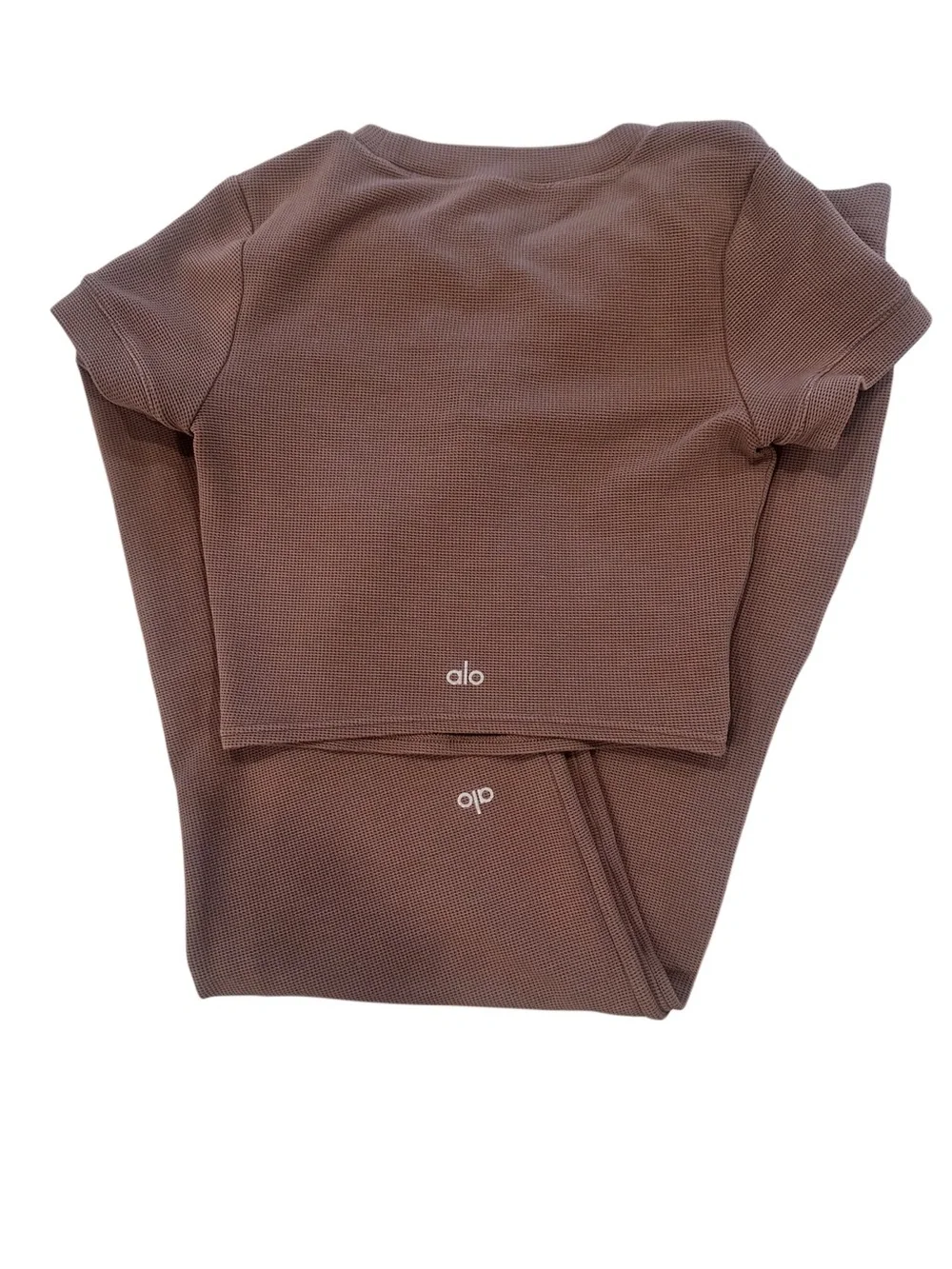 Alo Women's Brown Waffle Crop Top & Pants Set - Picture 1 of 13